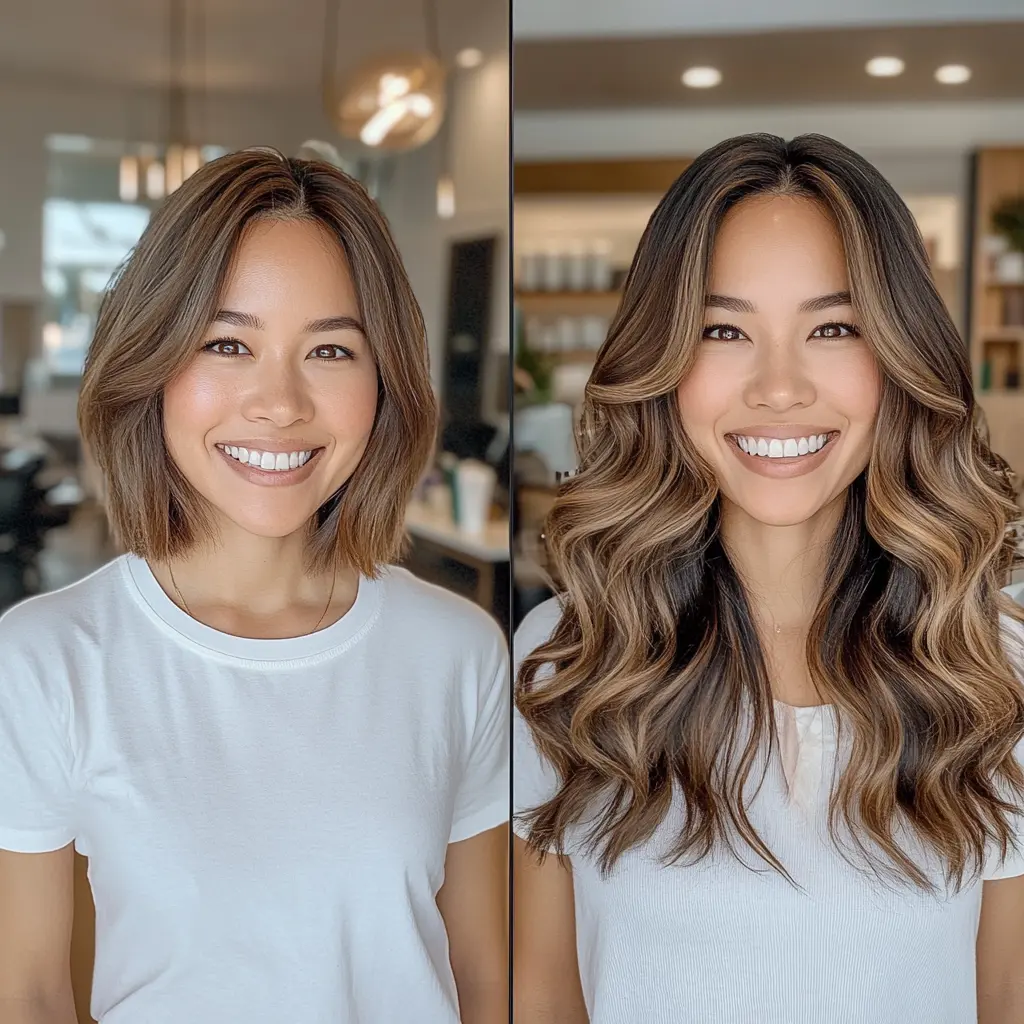 Split-mirror image showing a woman with short hair on one side and long, voluminous hair with extensions on the other side.