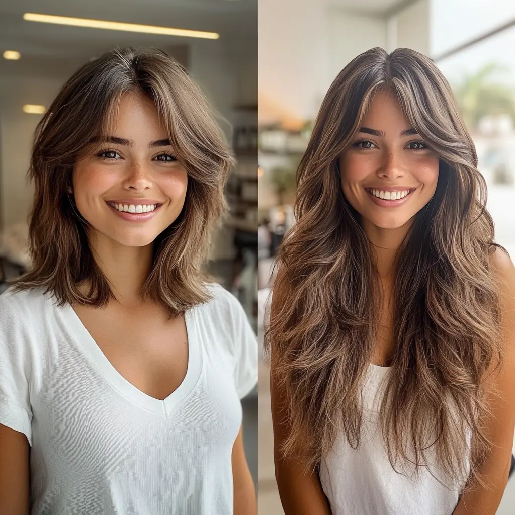 A woman in a beauty salon with a split mirror showing her before and after hair transformation.