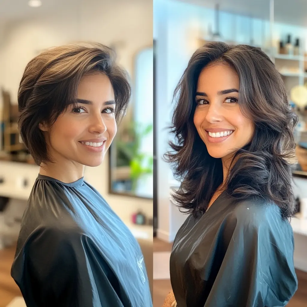 A stylish beauty salon with a split mirror showcasing a woman's hair transformation.