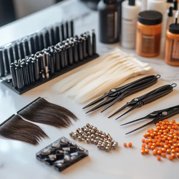 A close-up of a hair extensions training kit with precision pliers, beads, loops, and various types of synthetic hair.