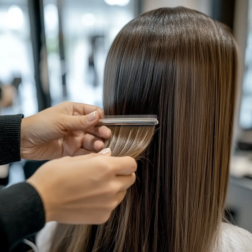 Keratin Fusion Course: Long-Lasting, Seamless Extensions 2 A close-up of a hairstylist applying a keratin fusion hair extension with a heat tool.