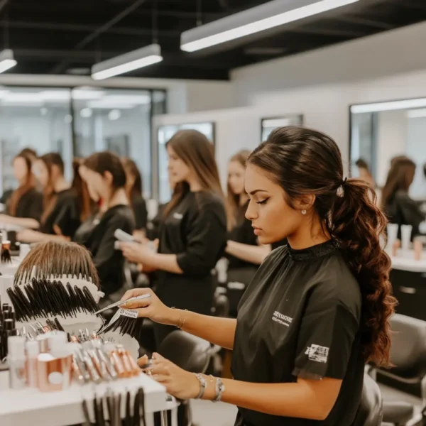 A modern and stylish beauty salon classroom with mirrors, salon chairs, and hair products.