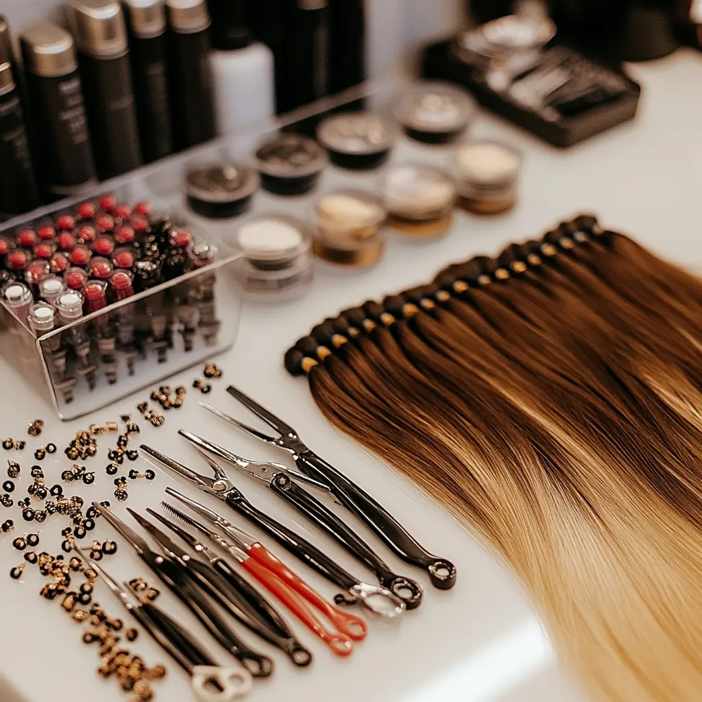 A professional hair extension application kit with precision pliers, beads, loops, clips, and synthetic hair extensions.