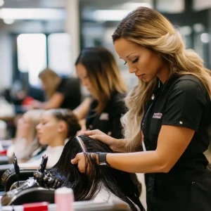 Students practicing seamless weft hair extension application on mannequin heads in a hair salon.