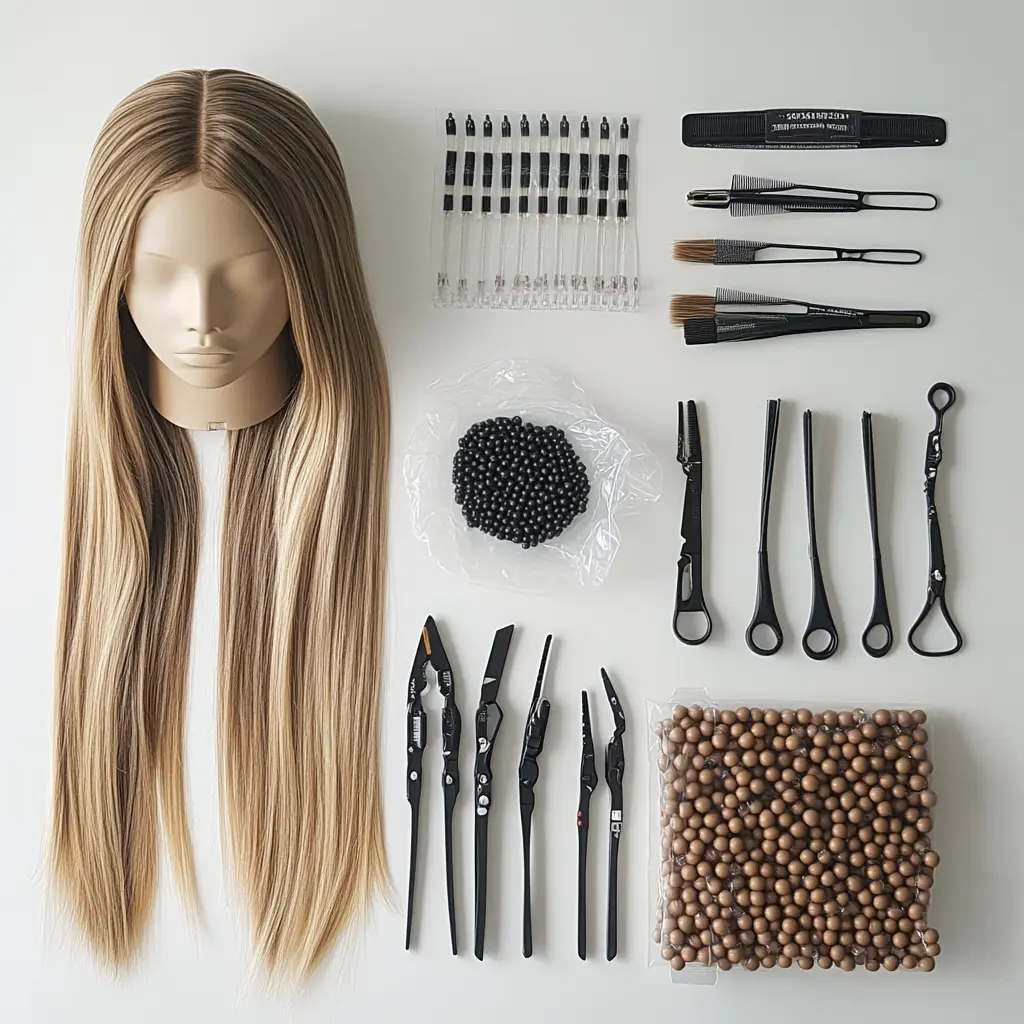Contact 1 A close-up of the Seamless Weft hair extension training kit, showcasing the precision pliers, loop tools, microbeads, and synthetic hair.