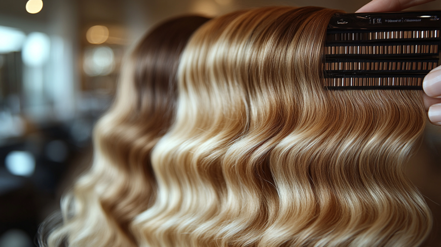 Contact 7 Close-up of weft hair extensions being applied in a salon, showing the technique.