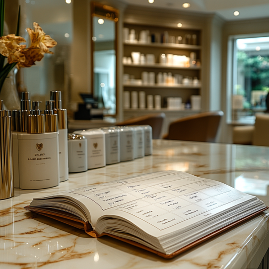 An open appointment agenda on a countertop in a modern beauty salon.