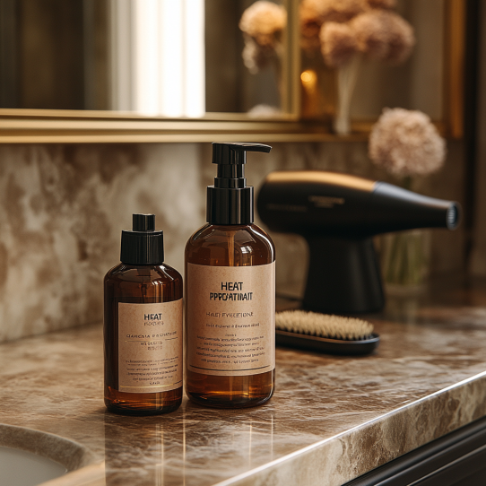 How to care for your I-Tip extensions 7 A bottle of heat protectant spray being misted onto a lock of hair, with styling tools in the background.