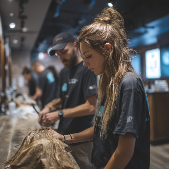 Services 3 Students practicing I-Tip hair extension application on mannequin heads.