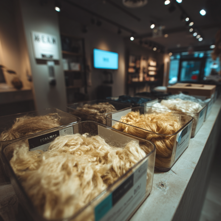 A luxurious display of high-end hair extensions in sleek containers on a polished counter.