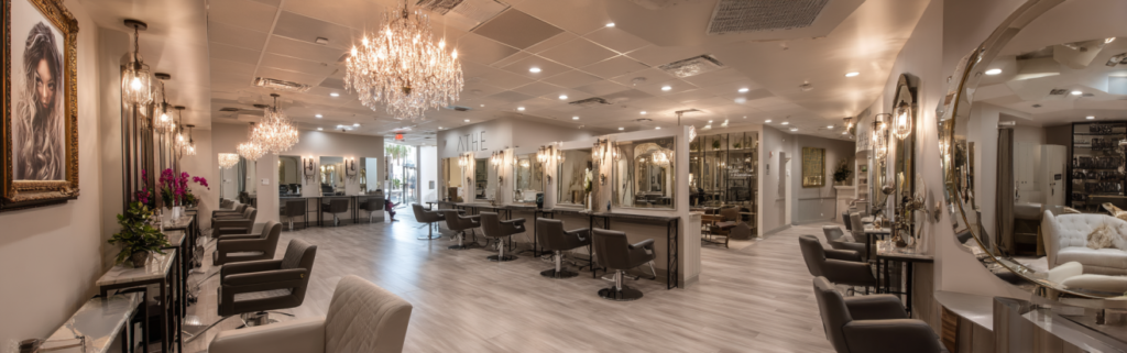 Luxurious California beauty salon with sleek furniture, large mirrors, and a busy yet organized environment.