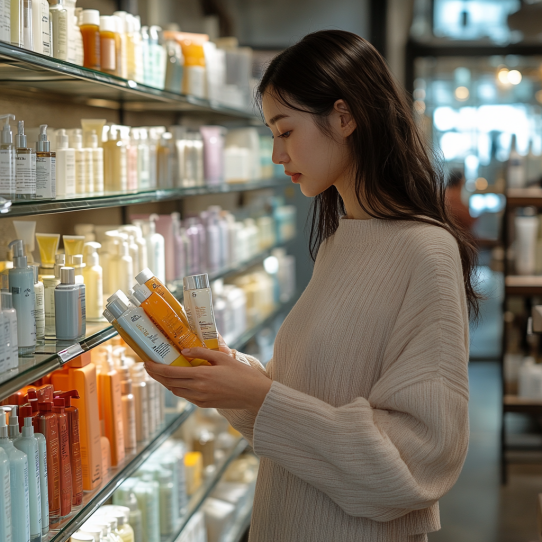 How to care for your I-Tip extensions 10 Woman reading shampoo bottle contents in a beauty store with organized shelves.