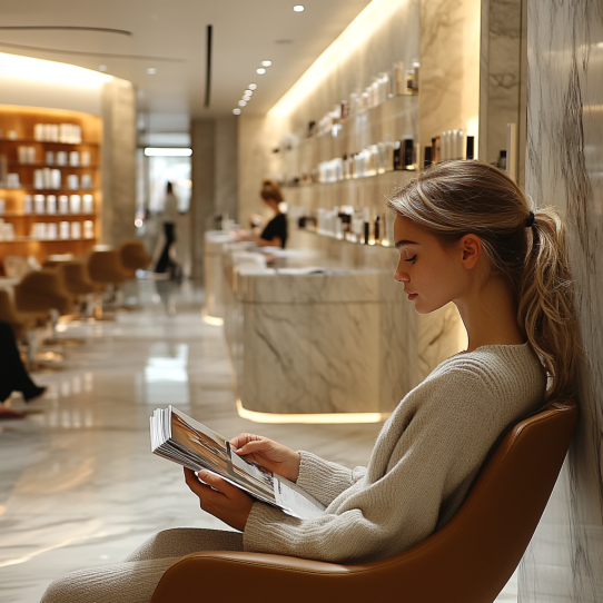 How to care for your I-Tip extensions 9 A person calmly reading in a modern, serene beauty salon waiting area.