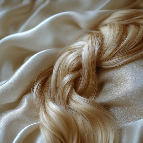 How to care for your I-Tip extensions 8 Woman with braided hair wrapped in satin fabric in a cozy bedroom.