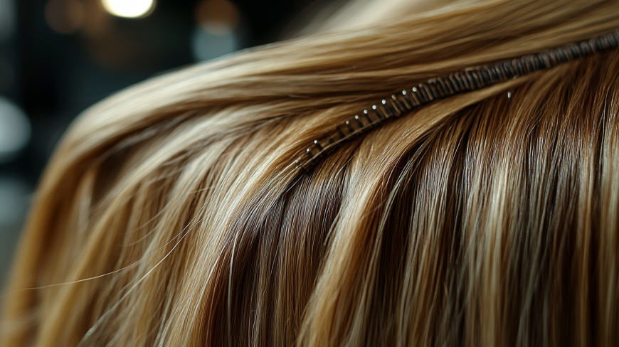 How to care for your I-Tip extensions 5 I-Tip hair extensions blending naturally with existing hair, showing small bead attachments.