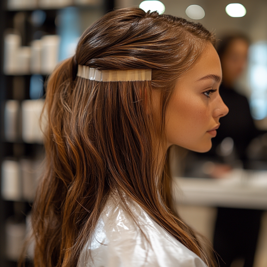 A woman's hair showing the before and after of Tape-In hair extension application.