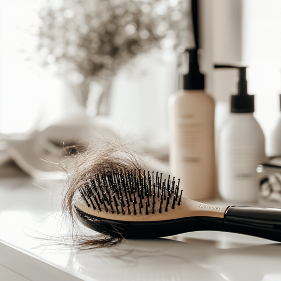 Hairbrush visibly filled with tangled strands of long hair extensions.