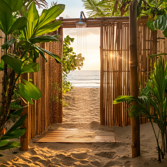 Can Salt Water Damage Your Hair Extensions? 4 Coastal outdoor shower providing privacy in a serene beach environment.