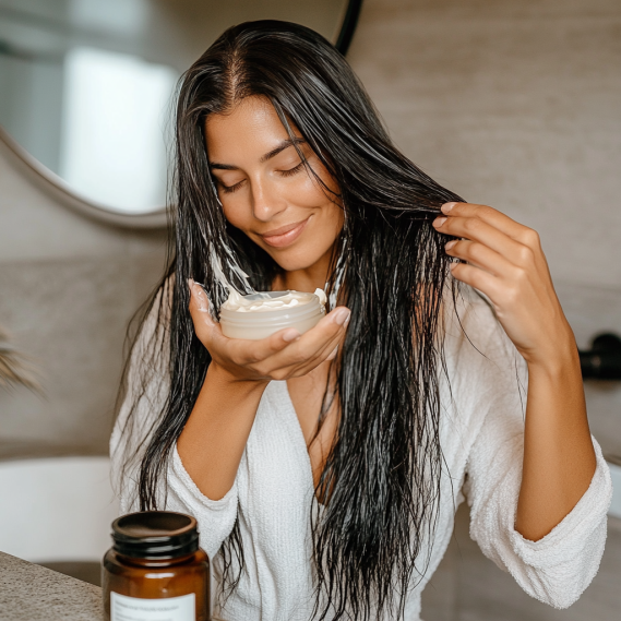 Can Salt Water Damage Your Hair Extensions? 6 Woman applying a hydrating hair mask to her long, glossy hair extensions.