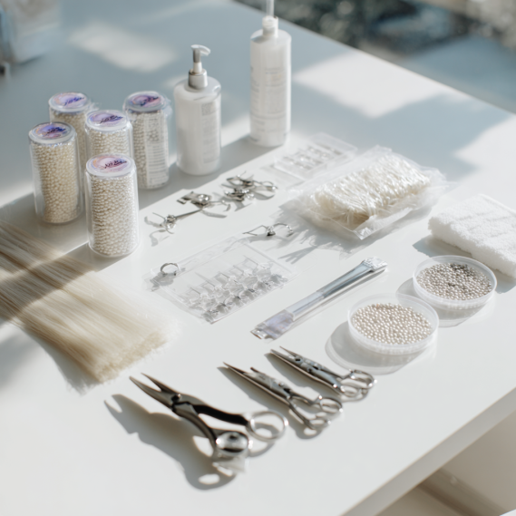 Flat lay of all I-tip hair extension installation tools and materials.