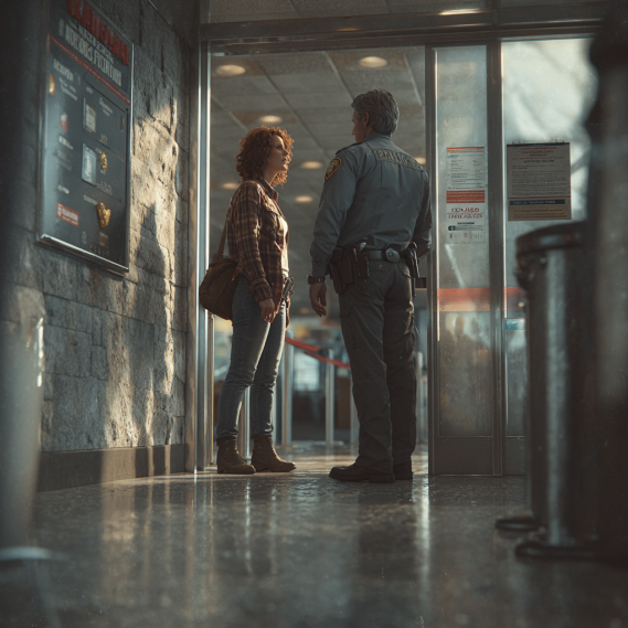 A person standing calmly in front of a metal detector at an airport, symbolizing a smooth security process.