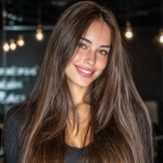 A smiling woman with long, straight, shiny tape-in hair extensions in a beauty salon.