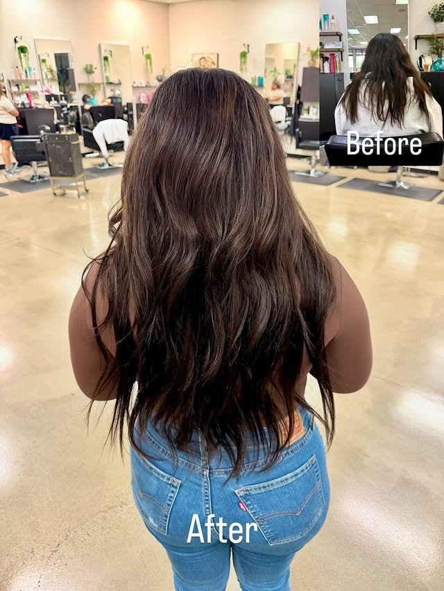 Before-and-after image demonstrating the added volume and length from hair extensions.