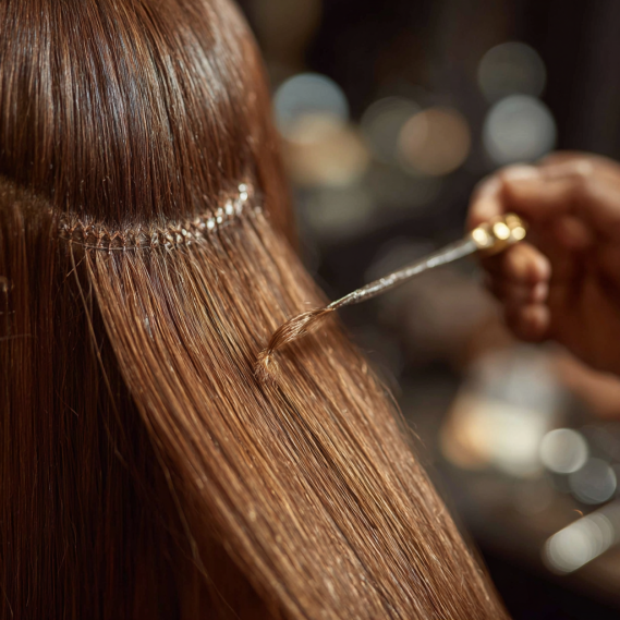 A close-up of thin, hand-tied weft hair extensions being carefully applied to natural hair.