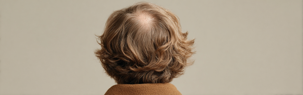 A woman's hair seen from behind with visible thinning patches and small bald areas on her scalp.