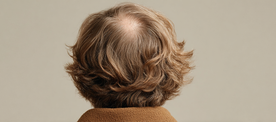 Can Hair Extensions Cause Hair Loss? The Truth You Need to Know 2 A woman's hair seen from behind with visible thinning patches and small bald areas on her scalp.