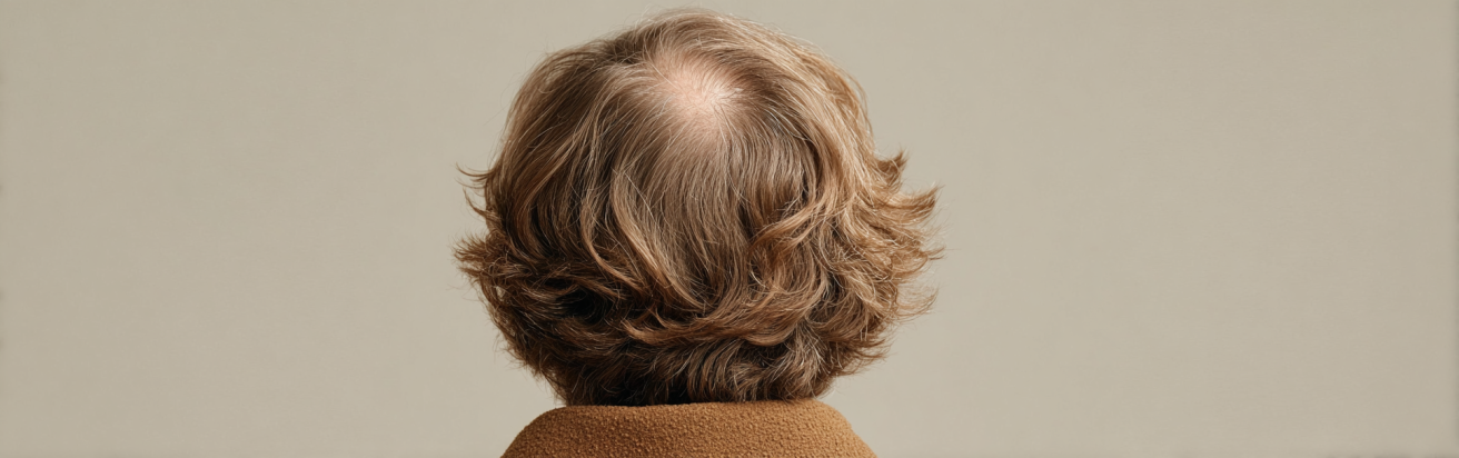 A woman's hair seen from behind with visible thinning patches and small bald areas on her scalp.