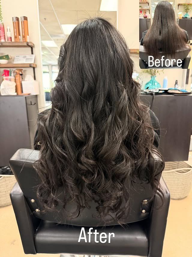 Client's hair transformation with hair extensions, from a before to a beautiful after shot at an Anaheim salon.