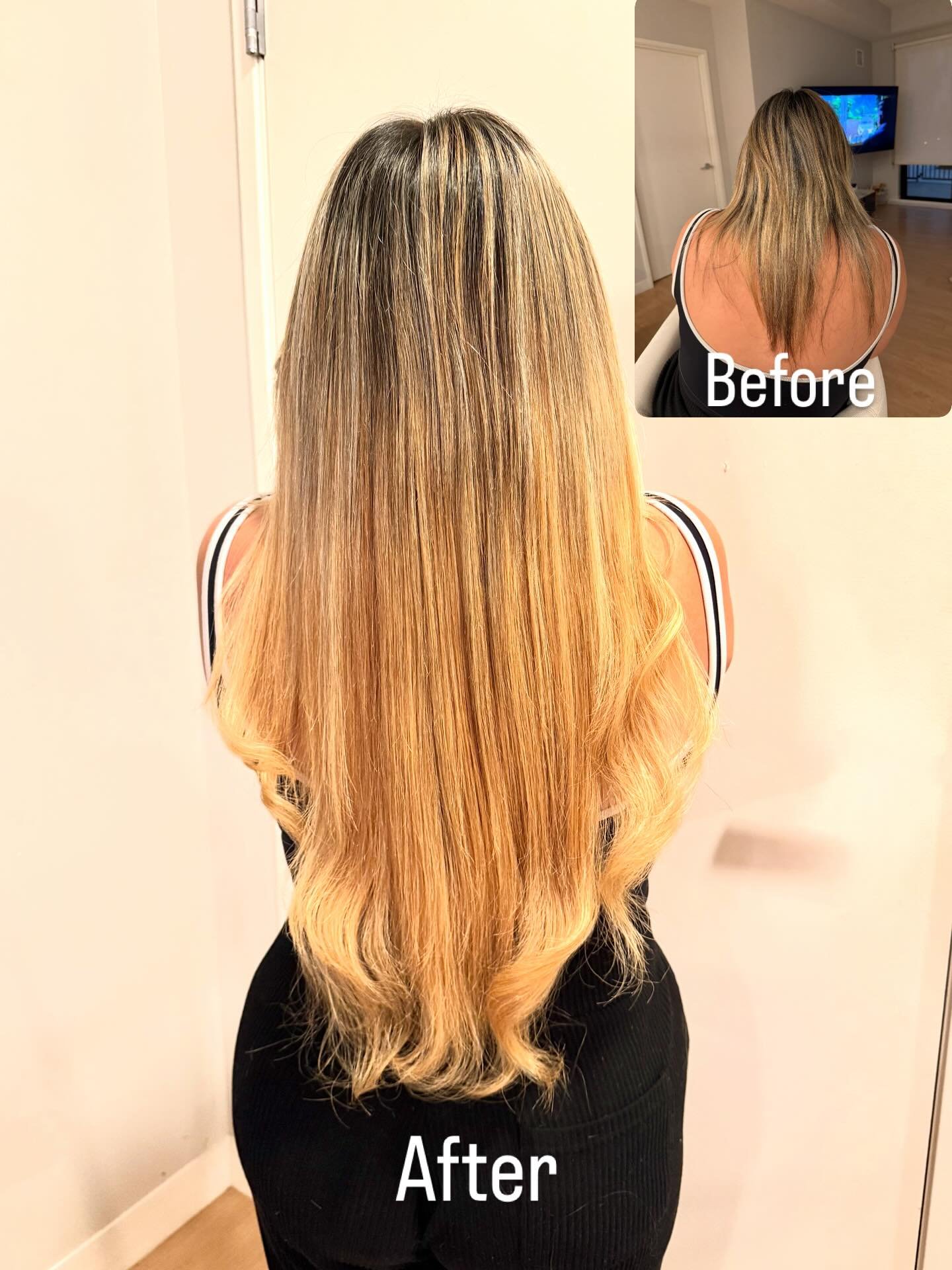 A side-by-side comparison of a client's hair before and after getting hair extensions.