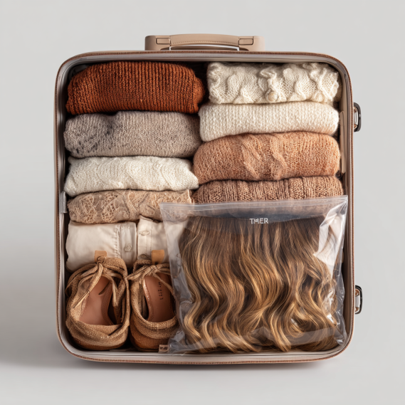 A single clear resealable bag with neatly arranged hair extensions inside a travel suitcase.