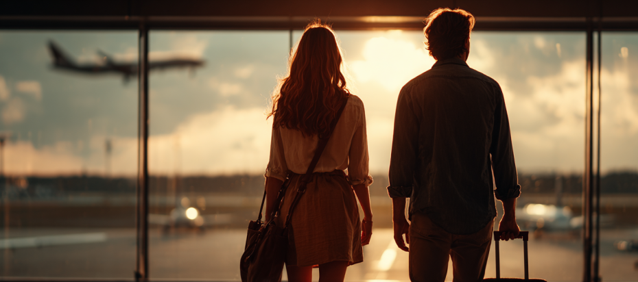 Do Hair Extensions Trigger the Alarm at Airport Security? 3 A stylish couple walking toward airport windows with airplanes, a visual representation of travelers concerned about hair extensions triggering the alarm.