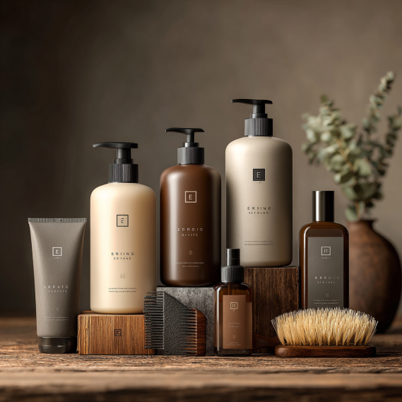 A collection of professional hair extension care products, including shampoo, conditioner, and serums, on a salon counter.