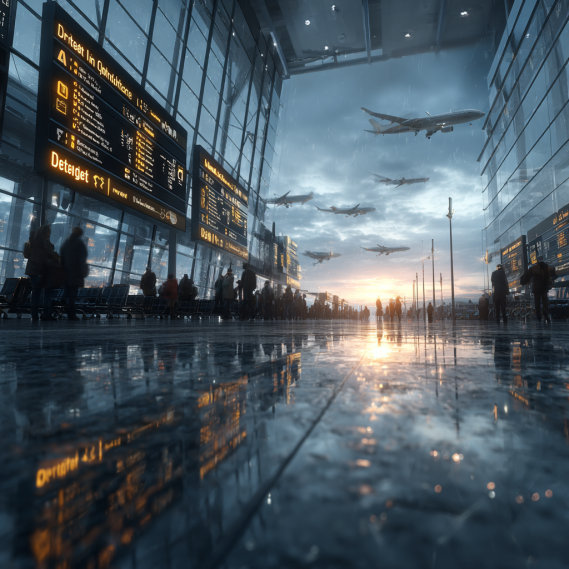 A busy domestic airport terminal with passengers, planes on the tarmac, and clear signage.