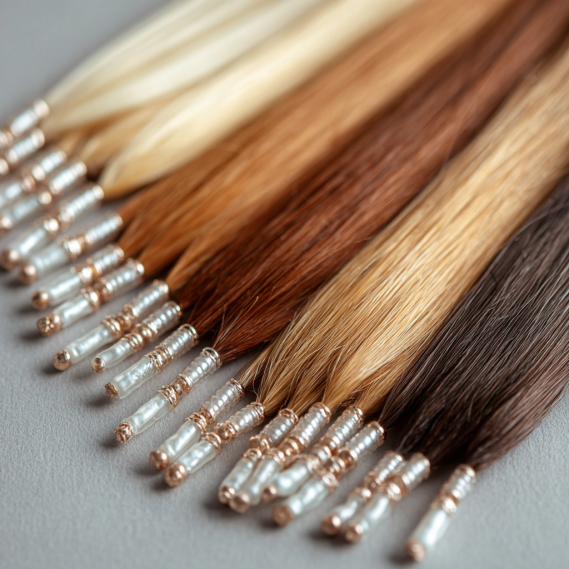 I-tip hair extensions with tiny metal beads neatly laid out on a surface, highlighting why hair extensions trigger the alarm.