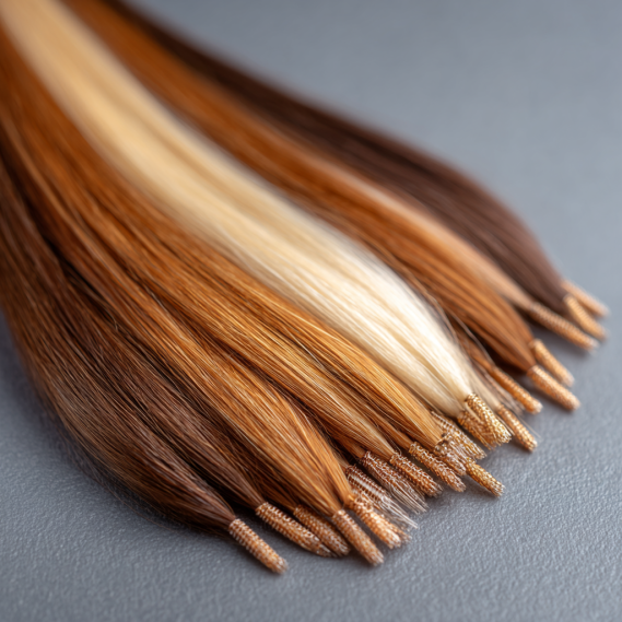 Keratin fusion hair extensions with visible keratin tips, separated and displayed on a clean surface.