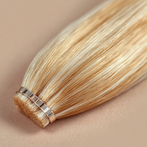 A single blonde hair extension strand with a clearly visible metallic clip, isolated on a neutral background.