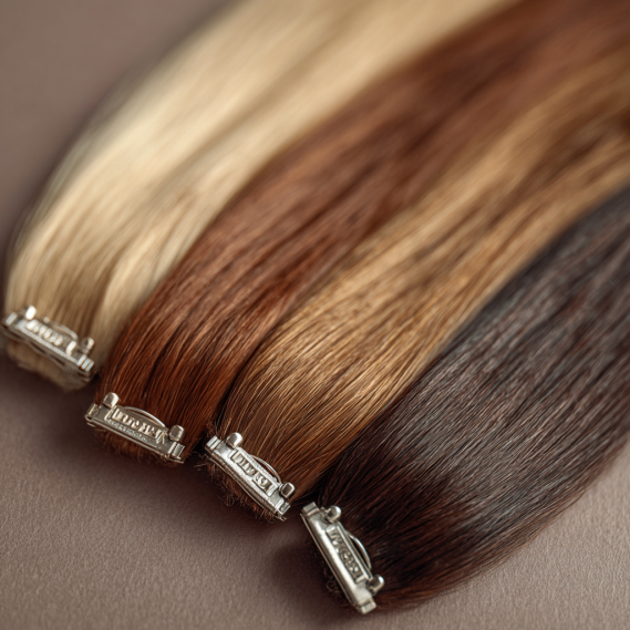 A set of clip-in hair extensions in various colors, with a close-up on the metal clips that can trigger a security alarm.