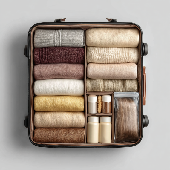  An open travel suitcase with clothes, toiletries, and a clear bag containing non-metallic hair extensions.