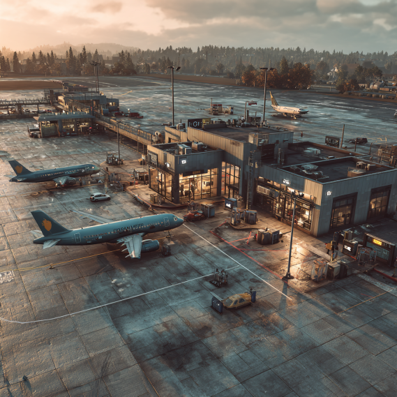 A small international airport with a compact terminal and a few airplanes on the tarmac, showing a calm atmosphere.