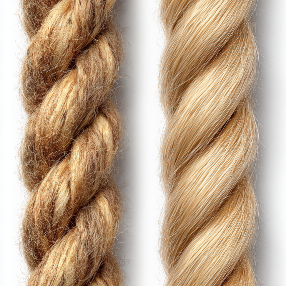 A side-by-side image comparing a thick, heavy hair extension on the left with a thin, delicate hair extension on the right.