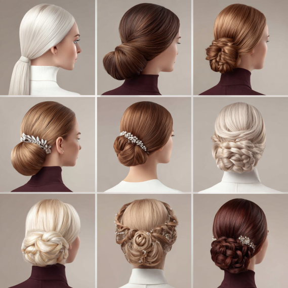 A collection of tight updos and elegant buns, demonstrating hairstyles for hair extensions.