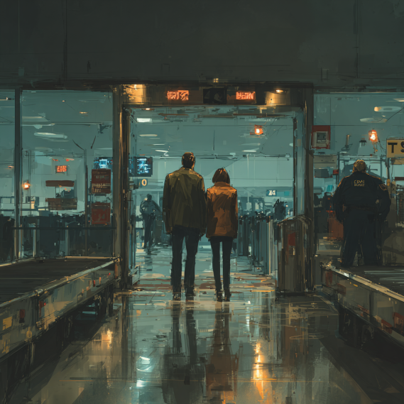 A couple standing in front of an airport metal detector, with hair extensions potentially triggering the alarm.