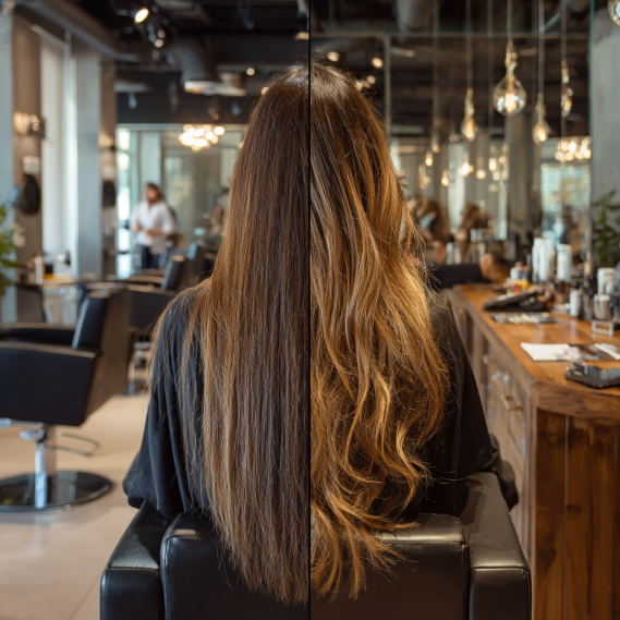 A side-by-side comparison of a professional hair extensions salon (left) and an unprofessional salon (right).