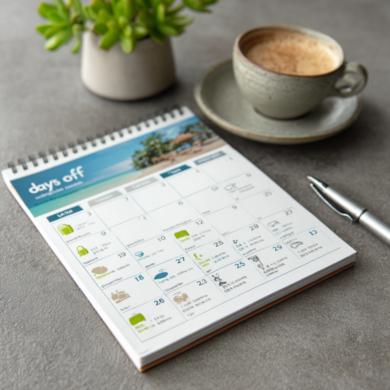 A wall calendar with several days off marked with bright colors and sun or beach icons, symbolizing vacation planning.