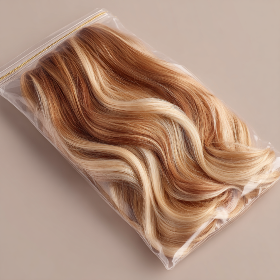 Non-metallic clip-in hair extensions neatly packed in an elegant travel pouch, designed not to trigger the alarm.