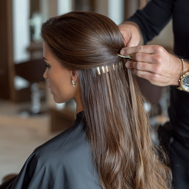 A hairstylist applying tape-in hair extensions to a client's head in a professional salon.